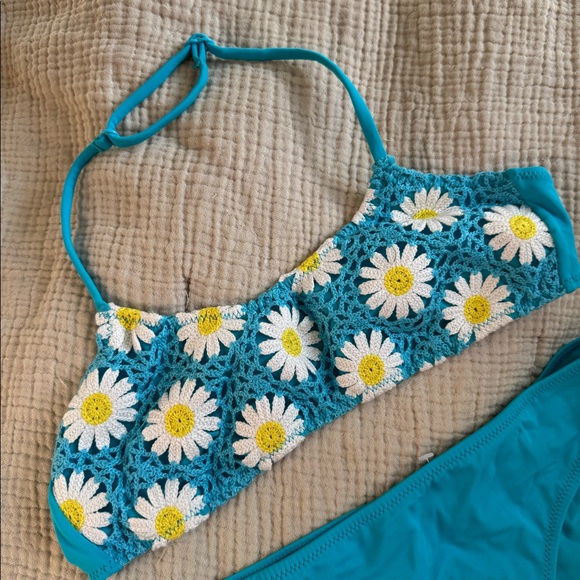 Other - New Daisy Sunflower Crochet Blue Summer Bikini Top and Bottoms Set